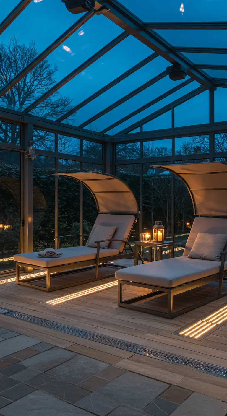 Two sunbeds inside a modern glass conservatory with integrated floor lighting.