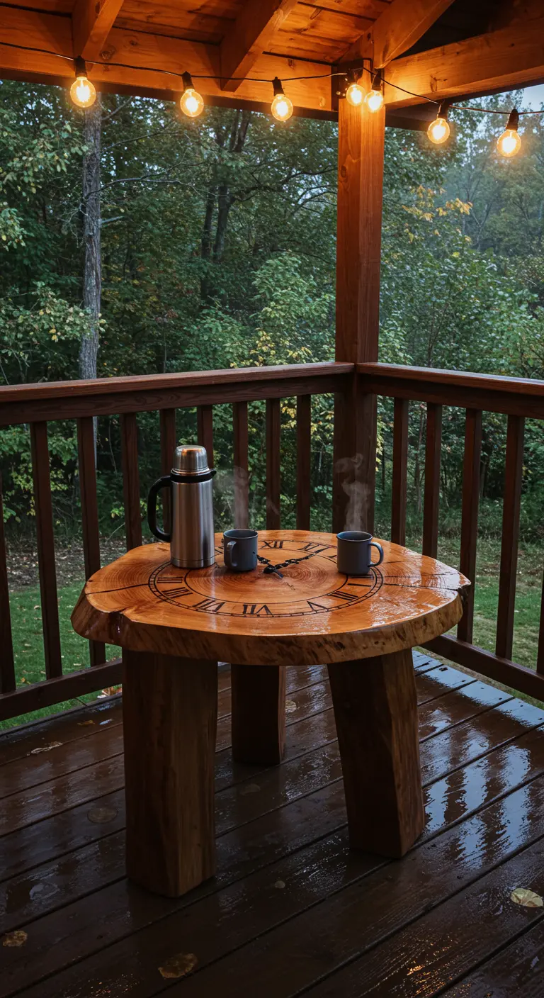A rustic log slice clock table on a wet, covered wooden porch surrounded by lush greenery.