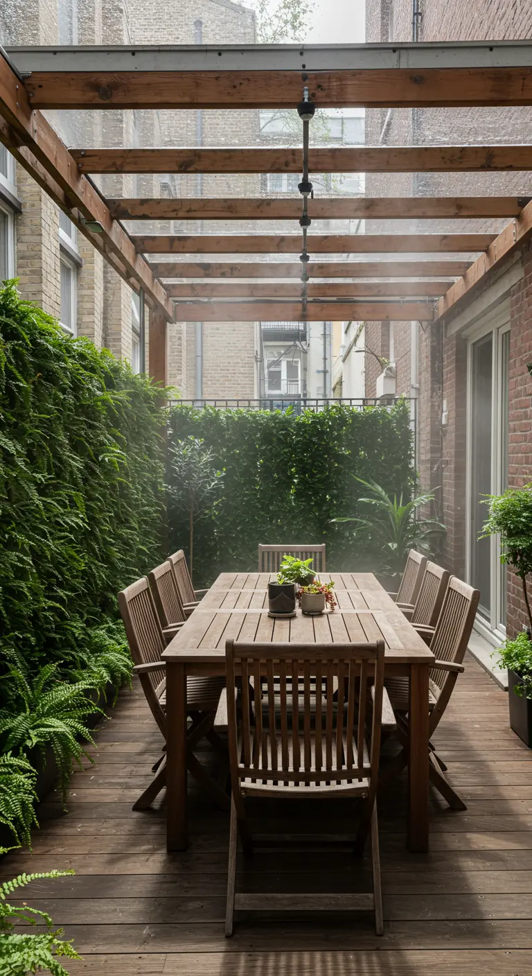 An outdoor dining area under a transparent roof, surrounded by green walls.