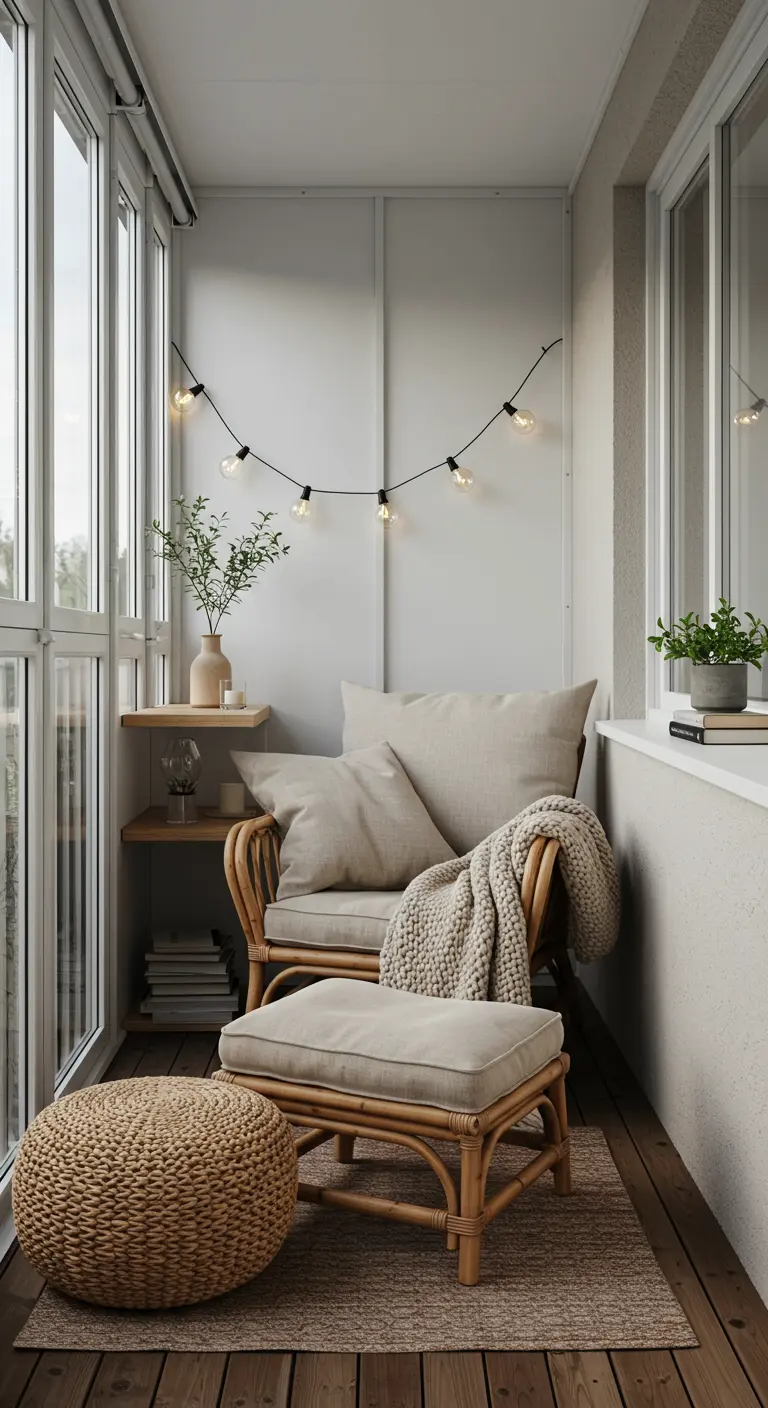 A serene enclosed balcony with a rattan armchair and ottoman, and neutral-colored textiles.