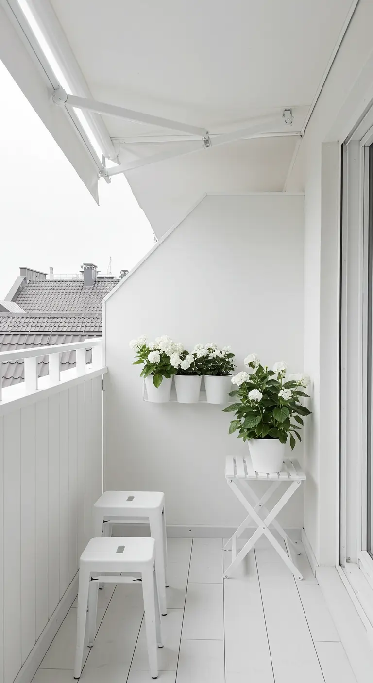 A pristine all-white balcony with white furniture, white planters, and white flowers.