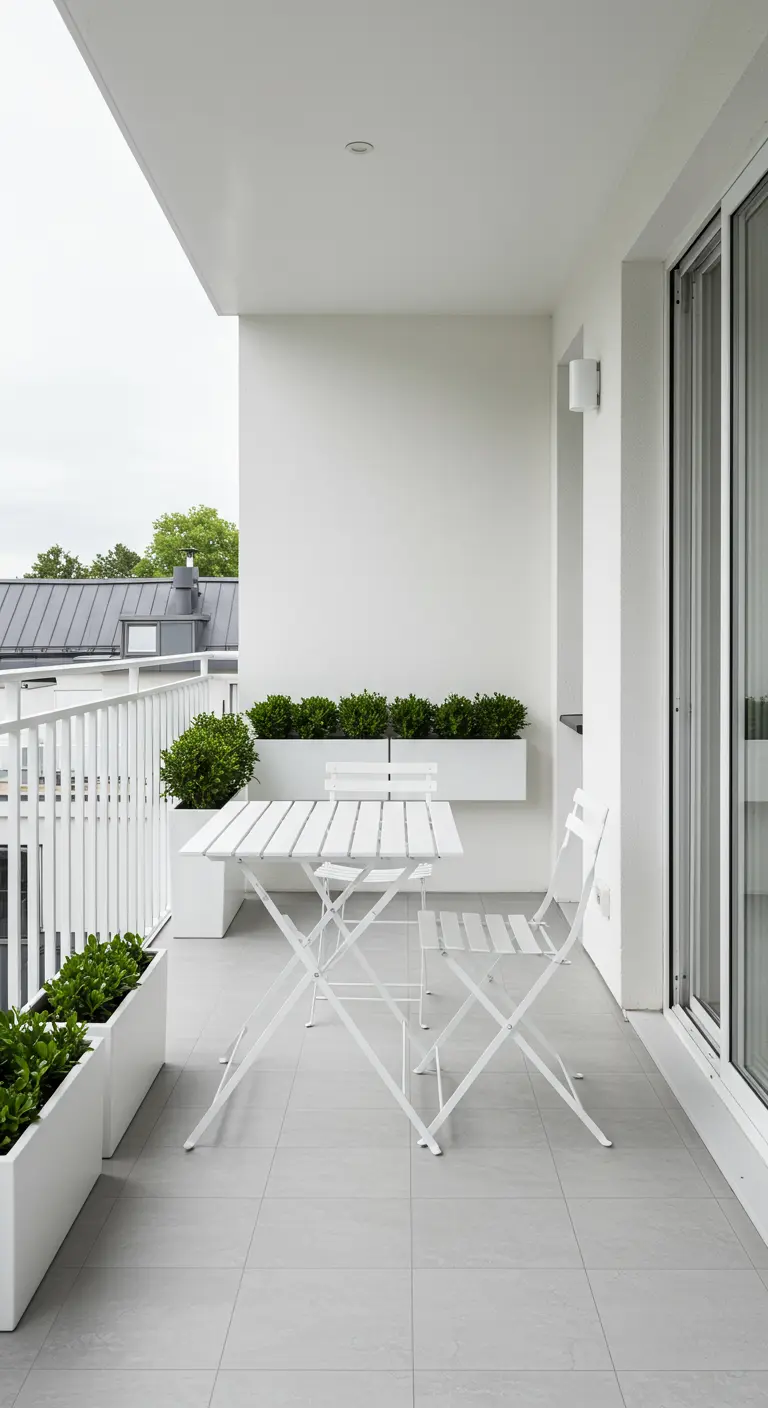 A pristine all-white balcony with white furniture, white planters, and small green shrubs.