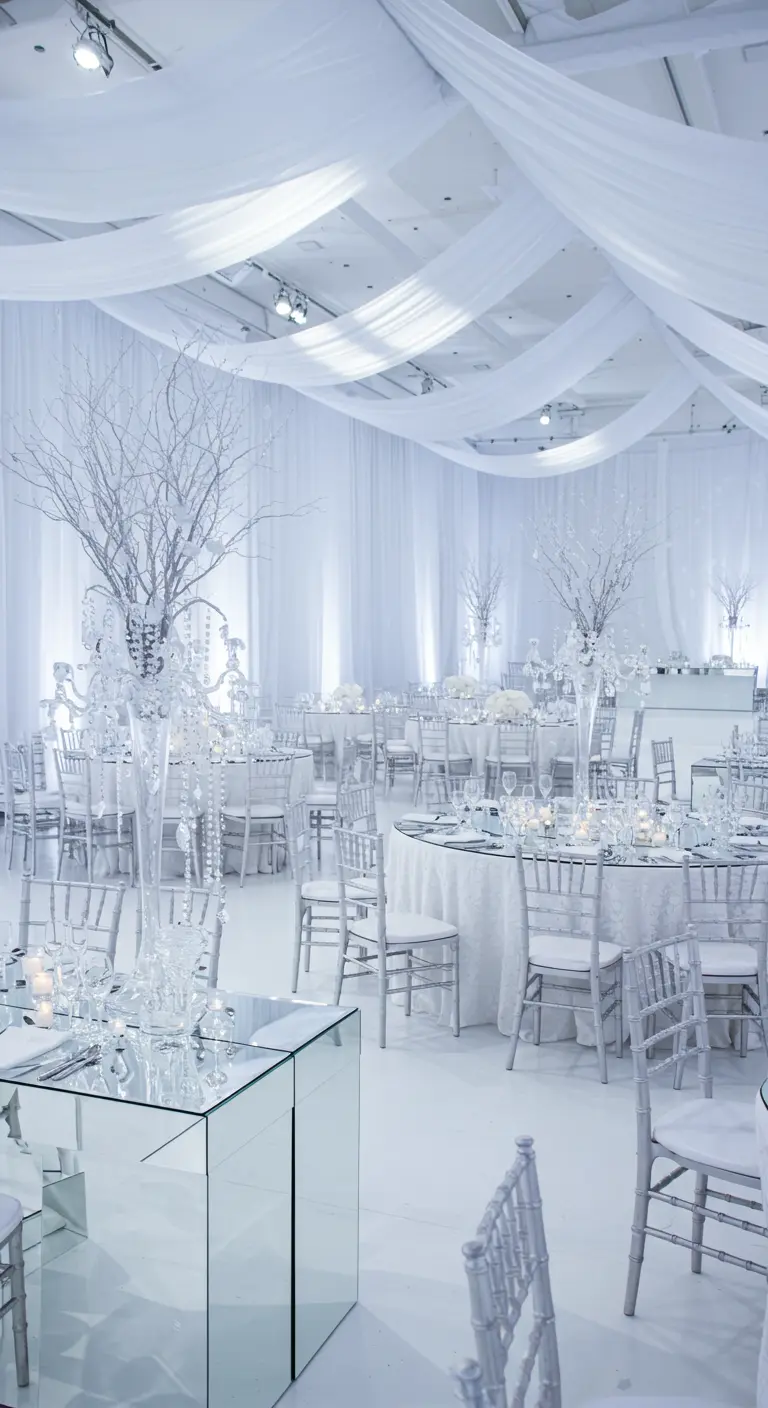 An all-white event space with draped ceilings, crystal chandeliers, and white branch centerpieces.
