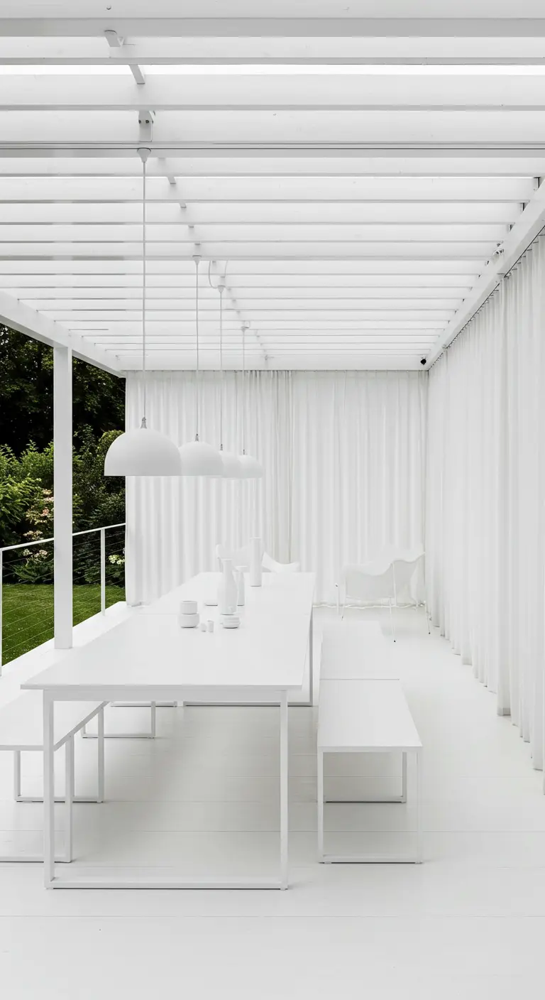 An all-white outdoor dining area under a pergola, with white furniture and pendant lights.
