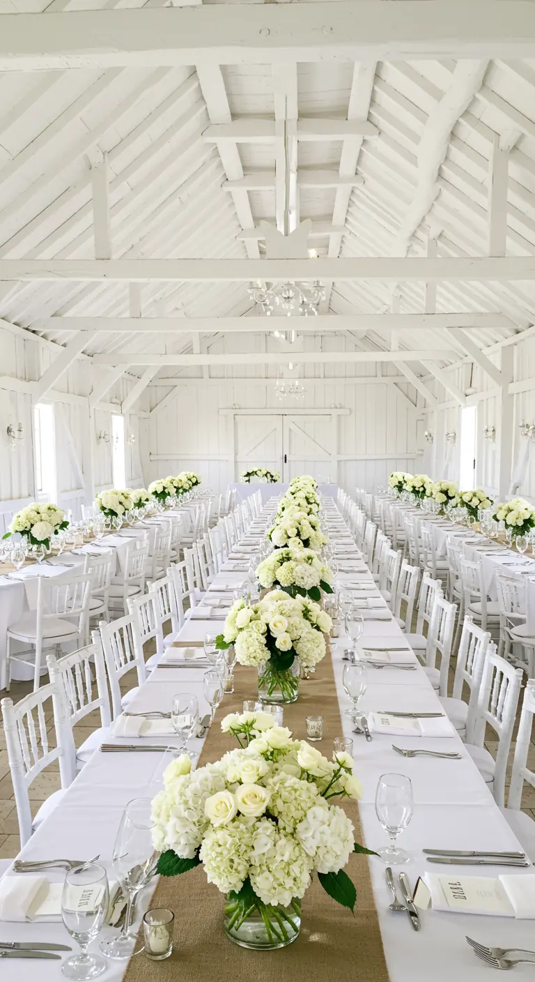 All-white barn with long tables decorated with white hydrangea centerpieces.