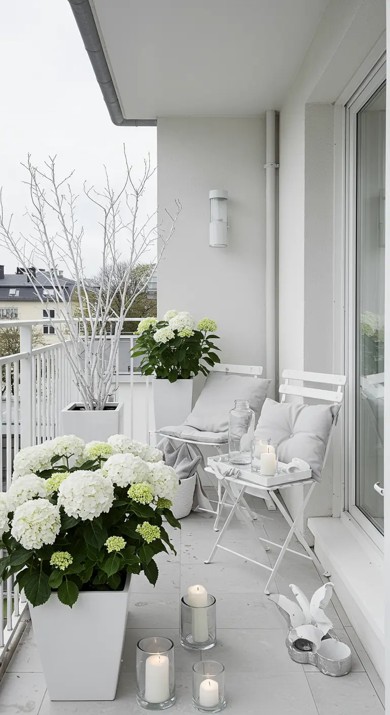 An all-white balcony with white-painted branches, hydrangeas, and white metal bistro furniture.