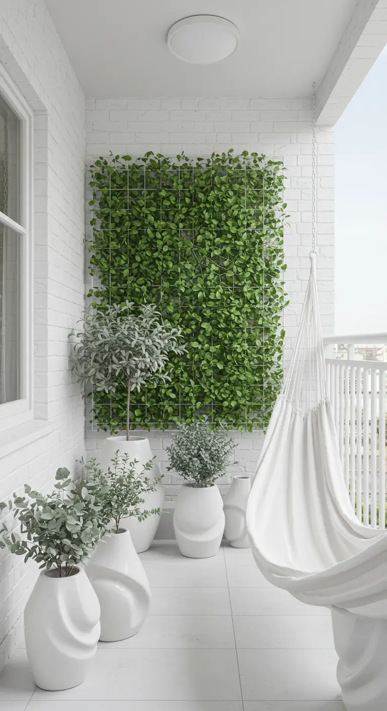 Serene white balcony with a hammock, sculptural white planters, and a green wall.