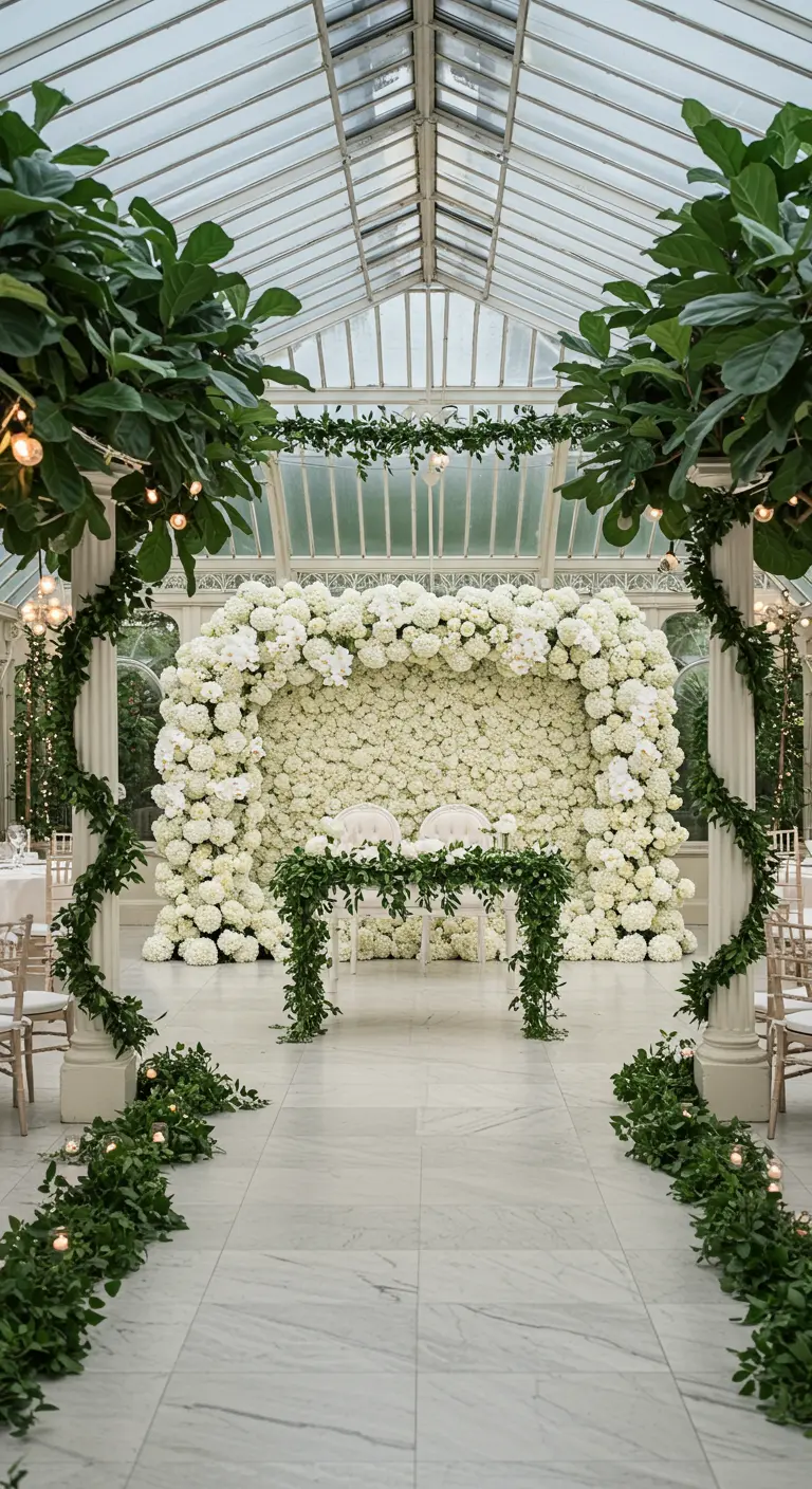 All-white floral wall with ivy-wrapped pillars in a glasshouse wedding venue.