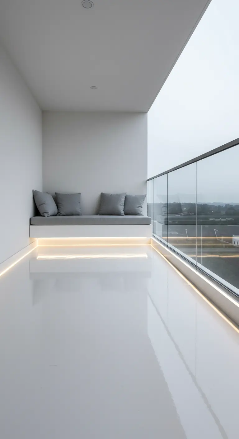 An ultra-minimalist white balcony with a floor-level LED light strip.