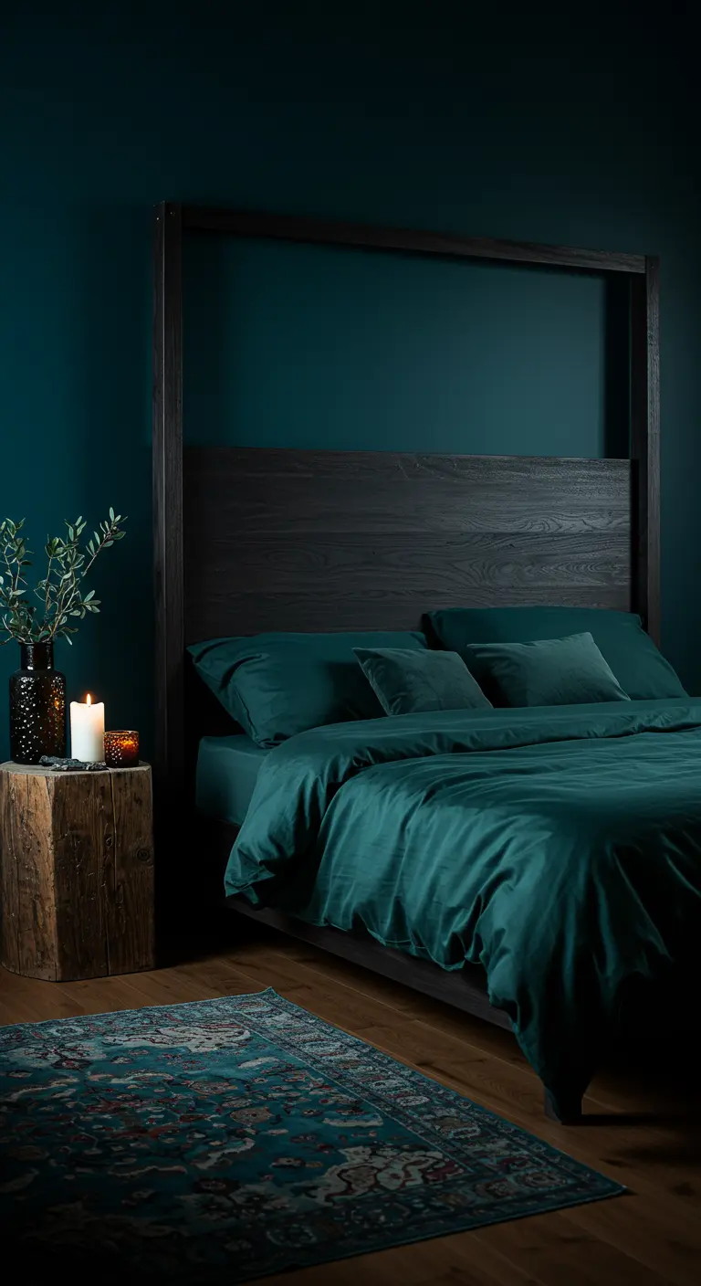 A moody, dark teal bedroom with matching walls and linens and a dark wood four-poster bed.