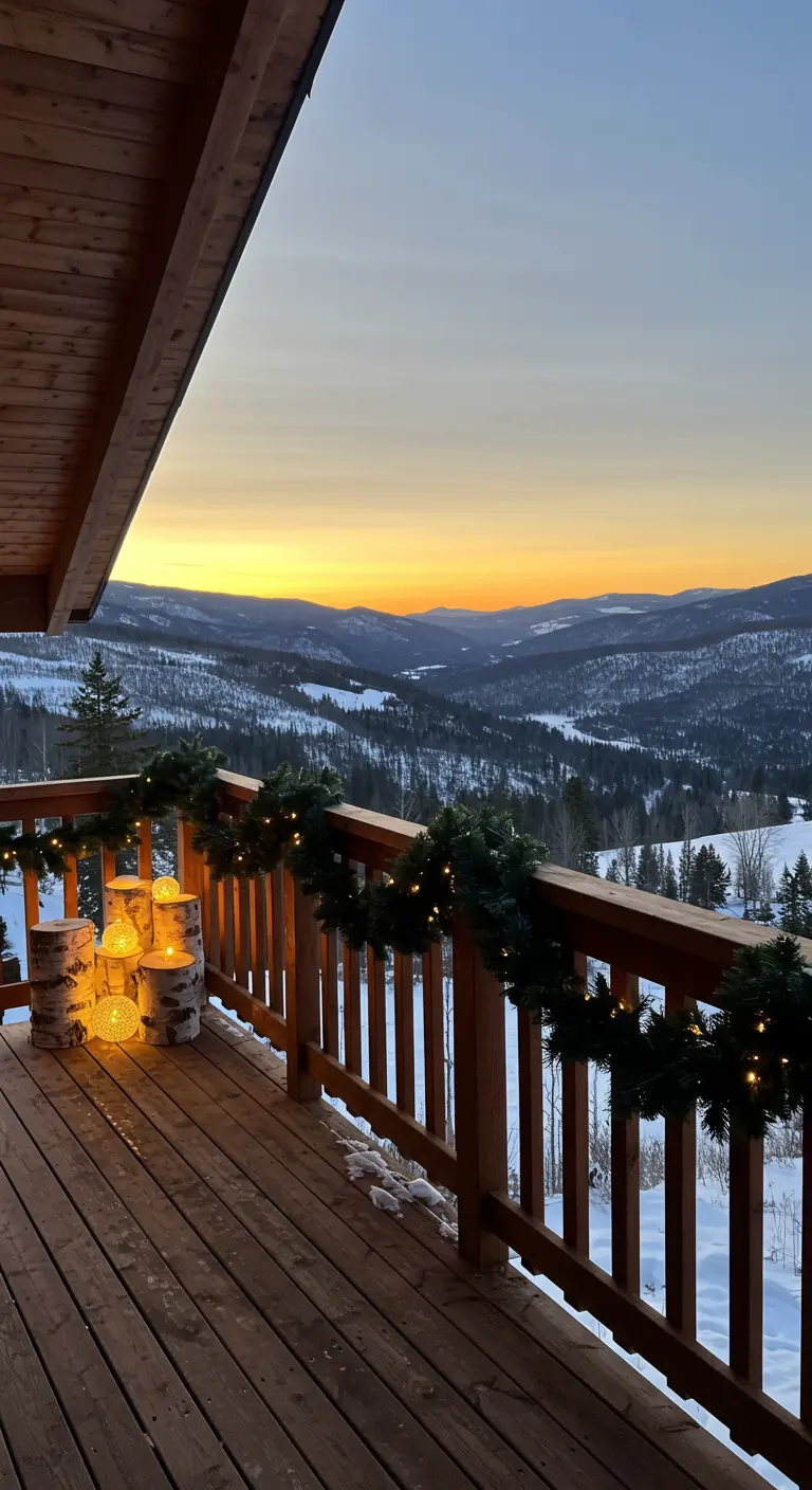 A snowy balcony at sunset with a garland and a cluster of orbs on birch log stumps.