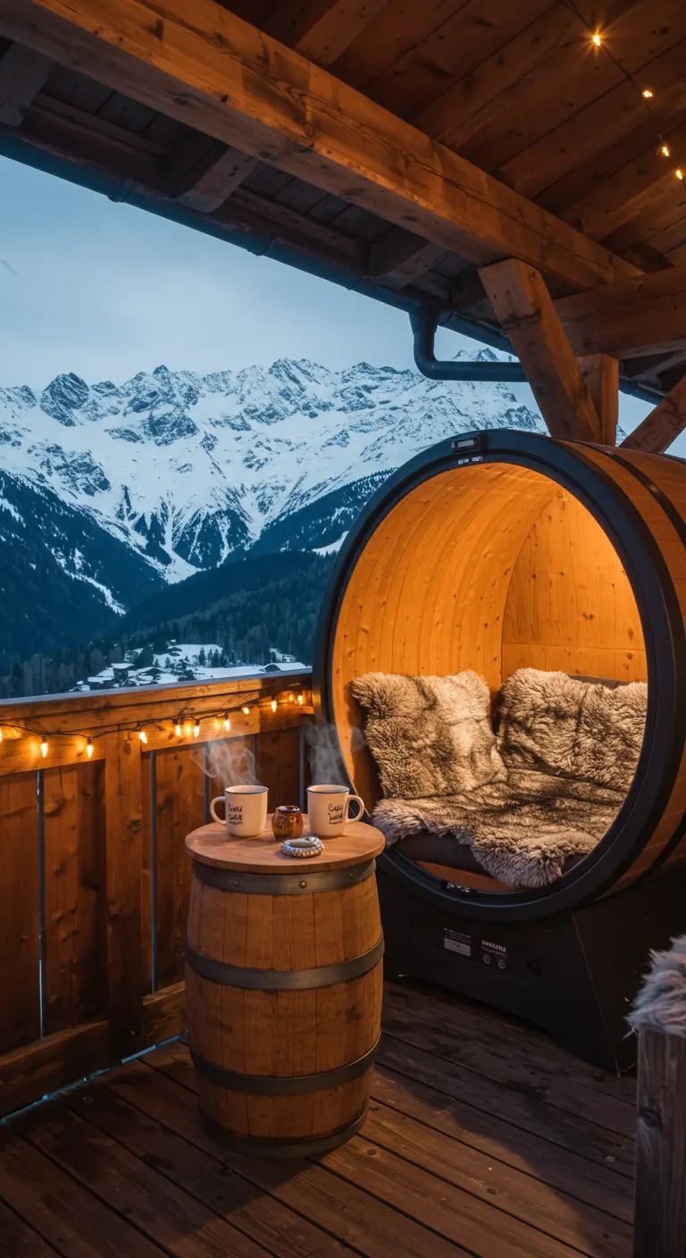 A barrel-shaped wooden pod on a balcony overlooking snowy mountains, with steaming mugs on a barrel table.