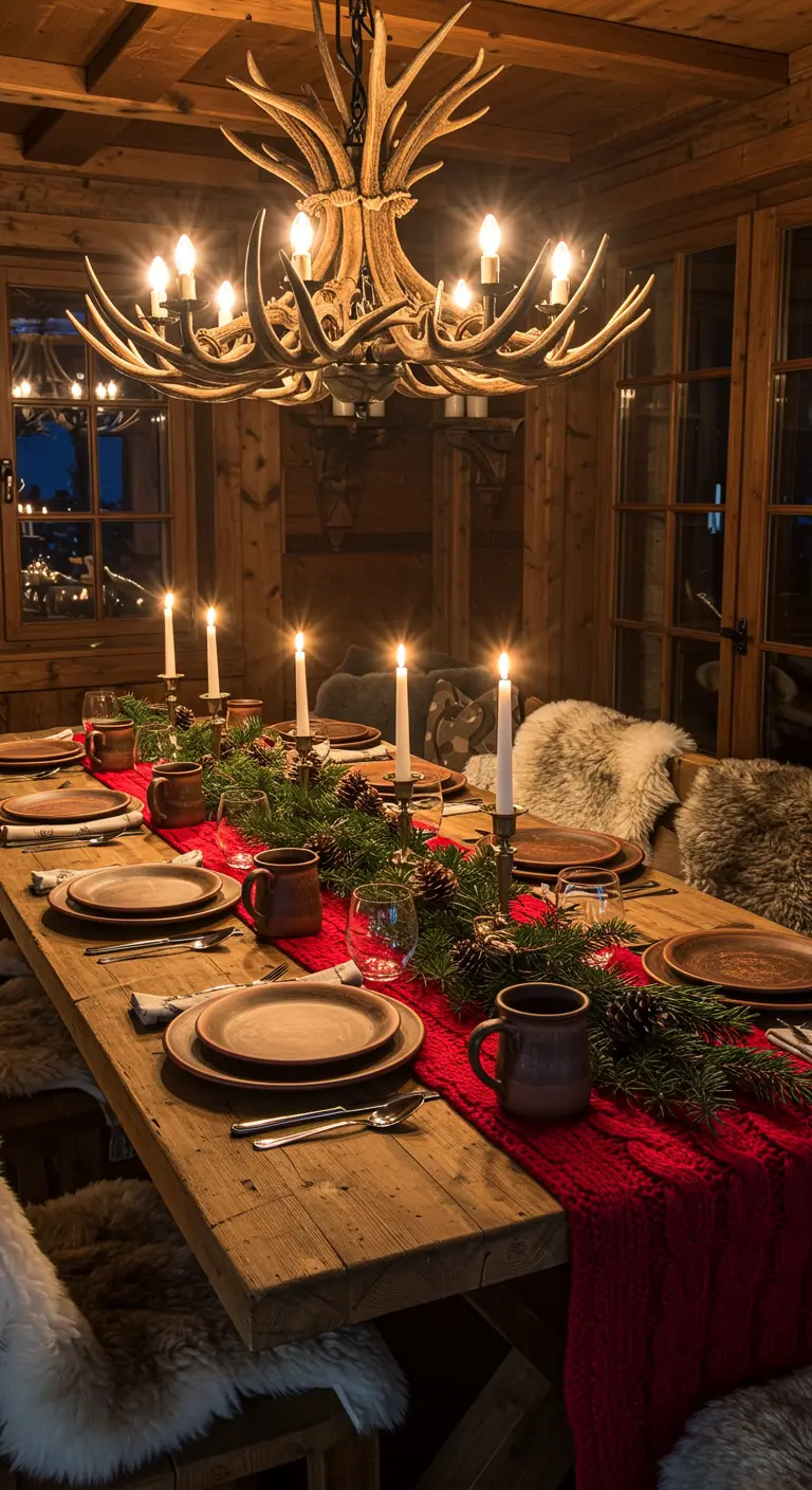 Rustic wooden table with a red knit runner and sheepskin throws on chairs.