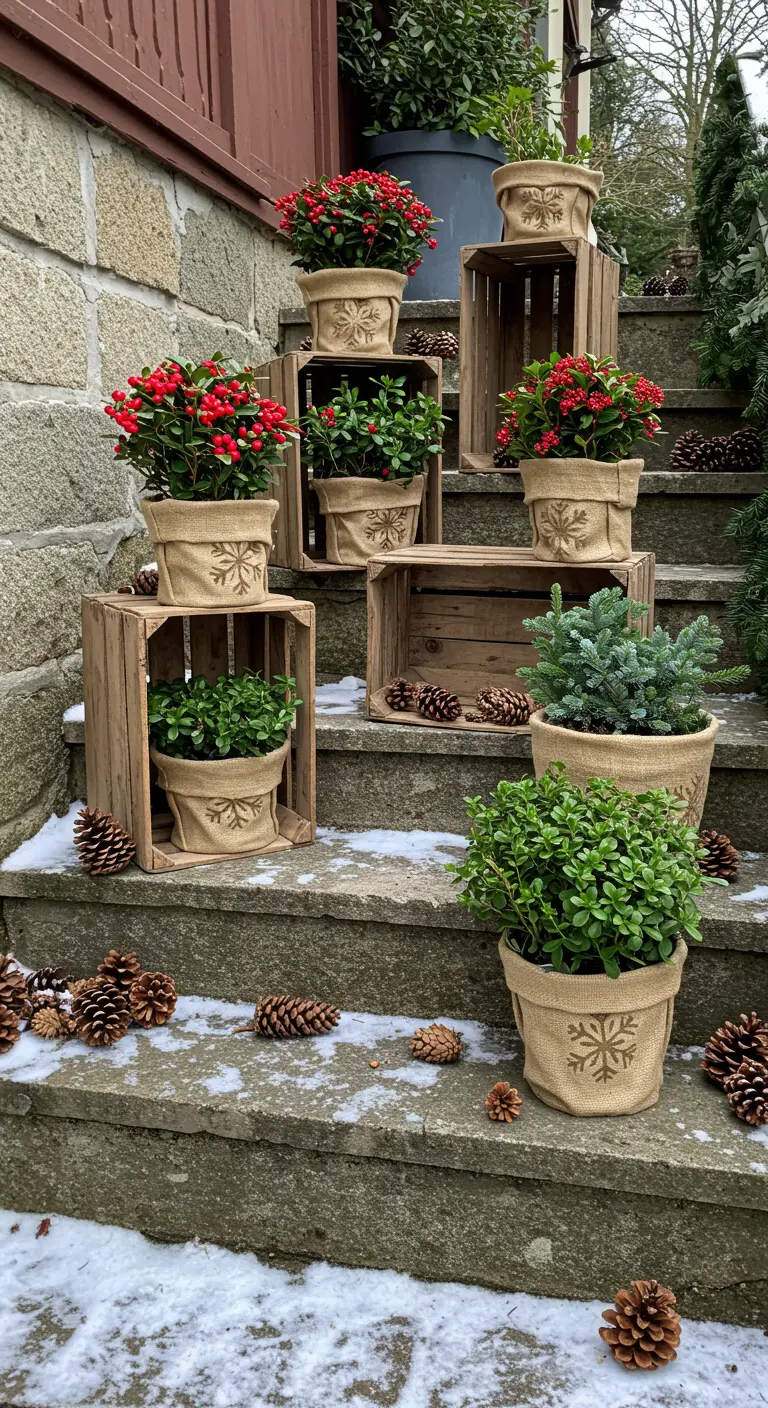 A multi-level display of potted plants in snowflake-stenciled burlap wraps on stone steps, using wooden crates.
