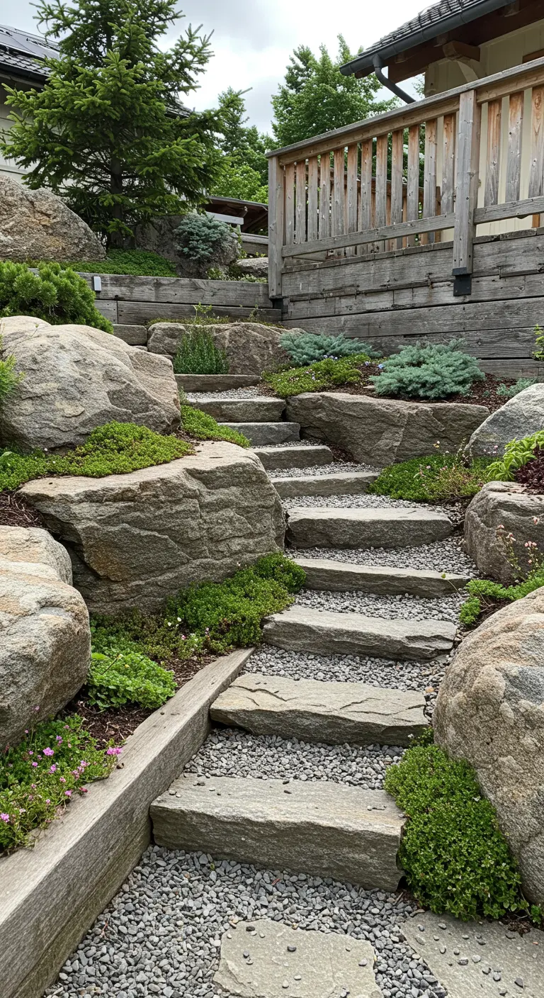 Rustic stone steps set into a sloped garden with rocks and creeping plants.