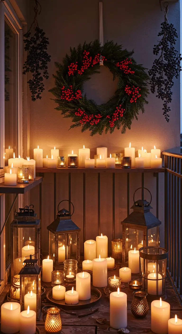 A balcony wall with a shelf covered in dozens of candles below a large wreath.