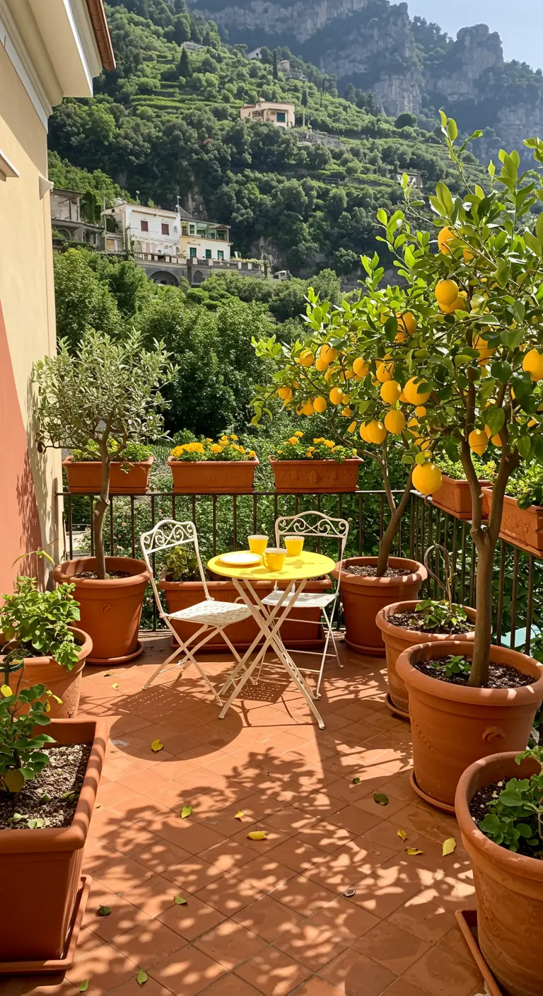 A sunny balcony filled with potted lemon trees, an olive tree, and yellow flowers.