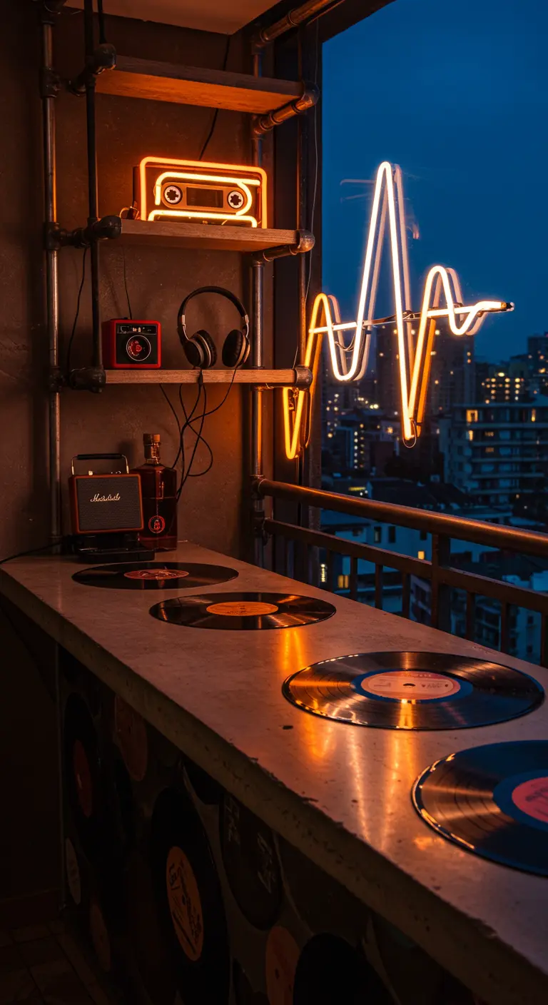 A balcony bar themed around music, with vinyl records embedded in the countertop.