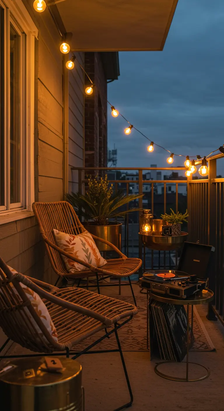 Two rattan chairs on a balcony at dusk with a record player on a small table.