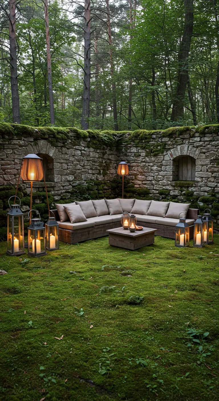 A mossy lawn with a modern sectional sofa next to an old stone wall.
