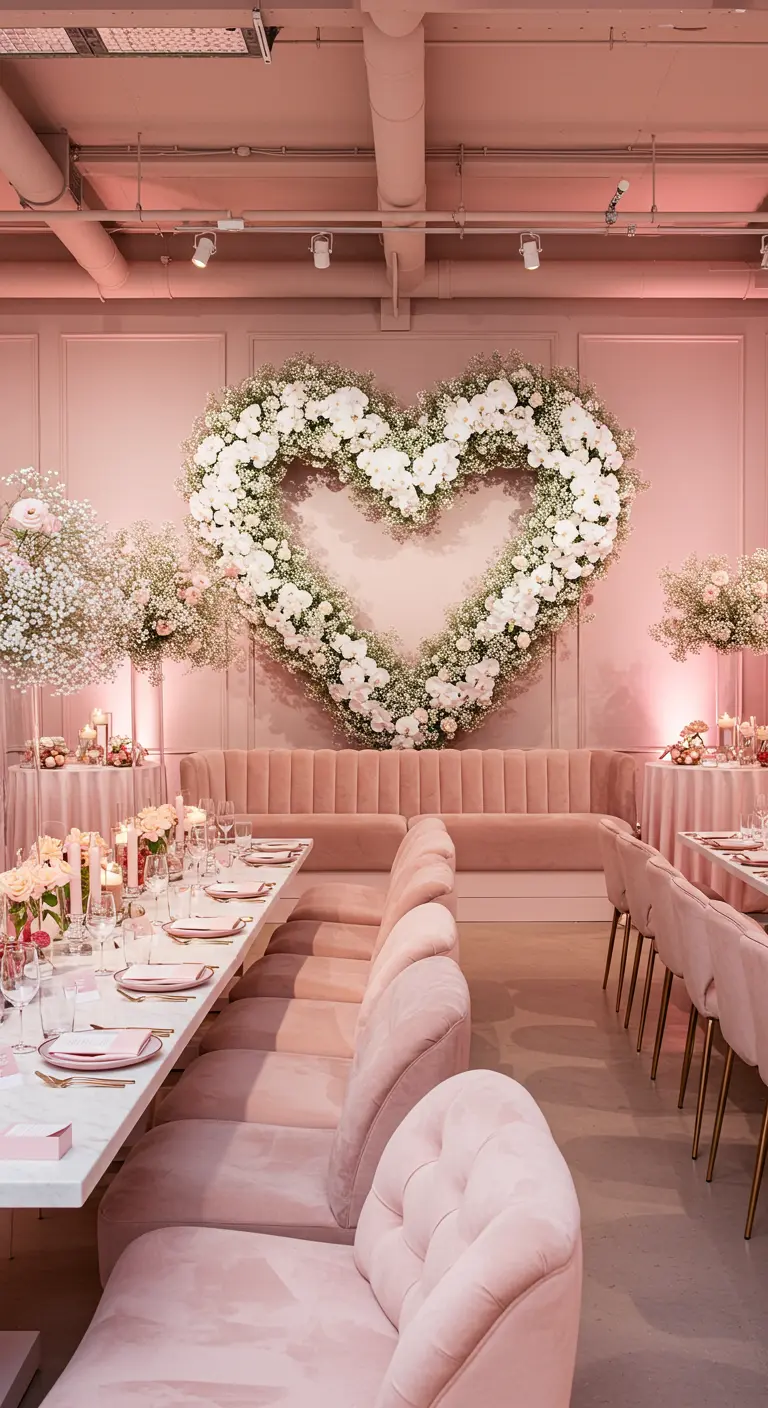 A large heart-shaped arch made of white flowers against a blush pink wall.