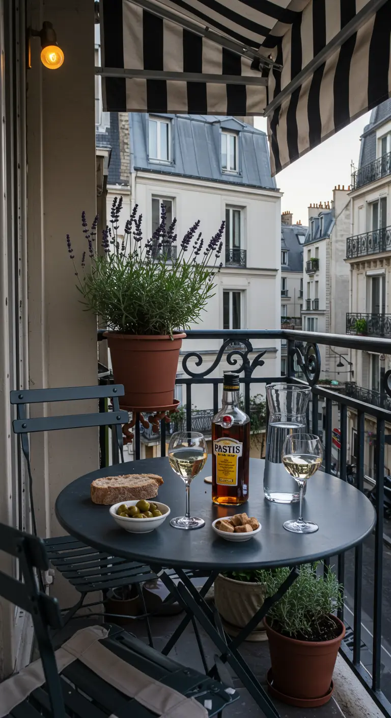 A bistro table set for an apéritif with Pastis, olives, and bread.