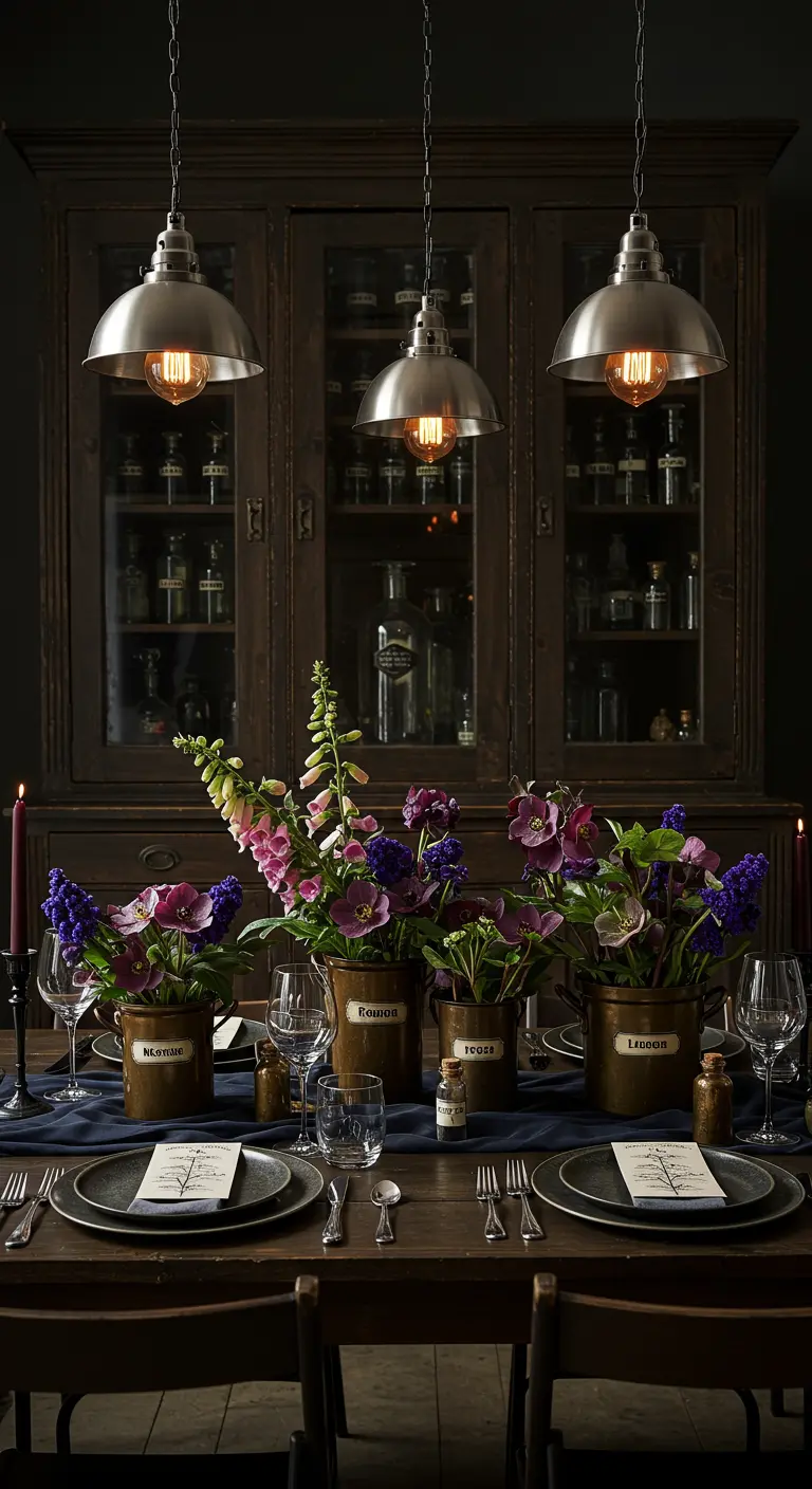 A table set in front of an apothecary cabinet, with flowers in labeled brown jars.