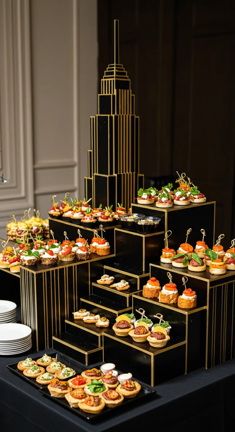 A multi-level appetizer display shaped like an Art Deco skyscraper, holding various small bites.