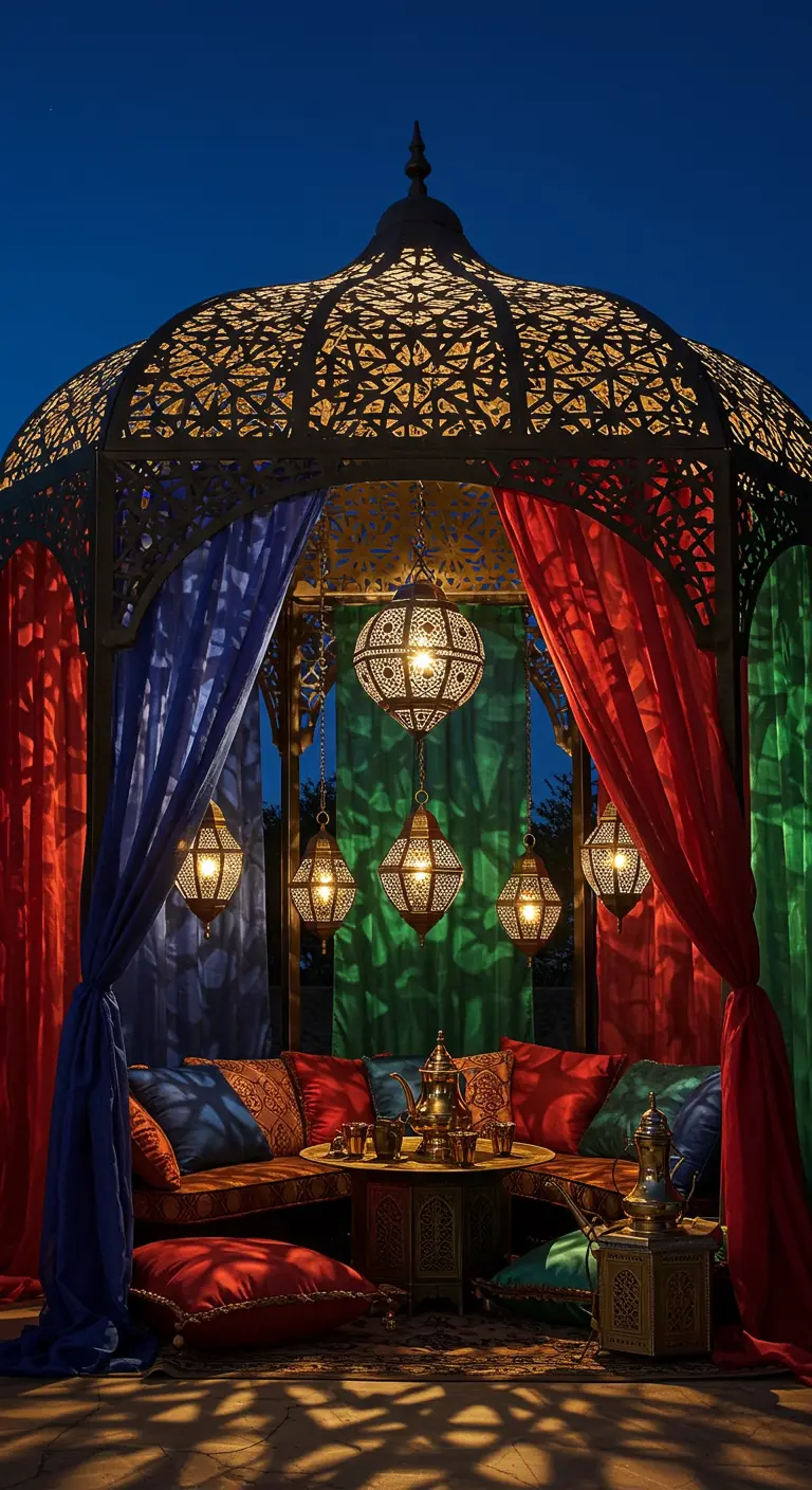 Ornate Moroccan gazebo at night with intricate metal lanterns and colorful draped fabrics.