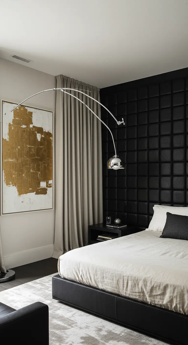 Bedroom with a black quilted leather accent wall and an articulated lamp.