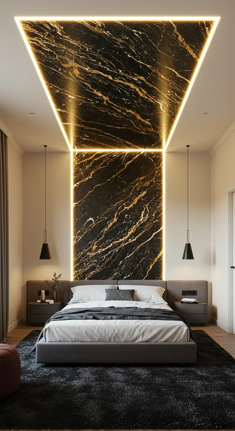 A modern bedroom where a black and gold marble panel extends from the wall up onto the ceiling.