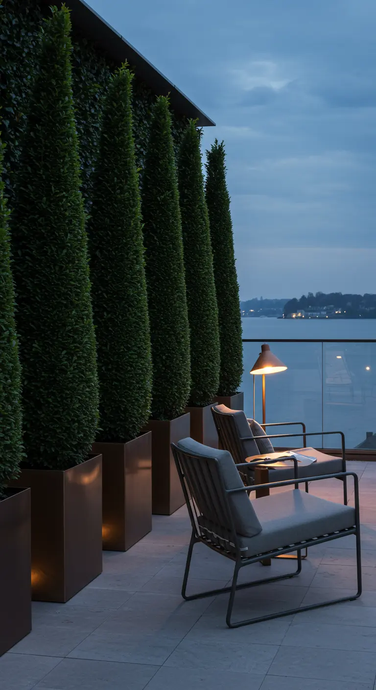 A modern balcony with a row of tall, column-like evergreen trees in matching dark planters.