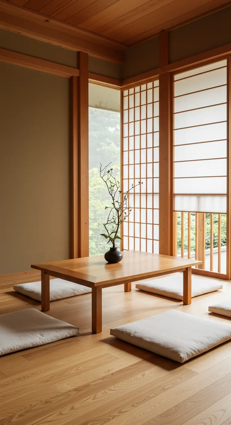 A wooden balcony room with shoji screen windows and a low table with a simple branch centerpiece.
