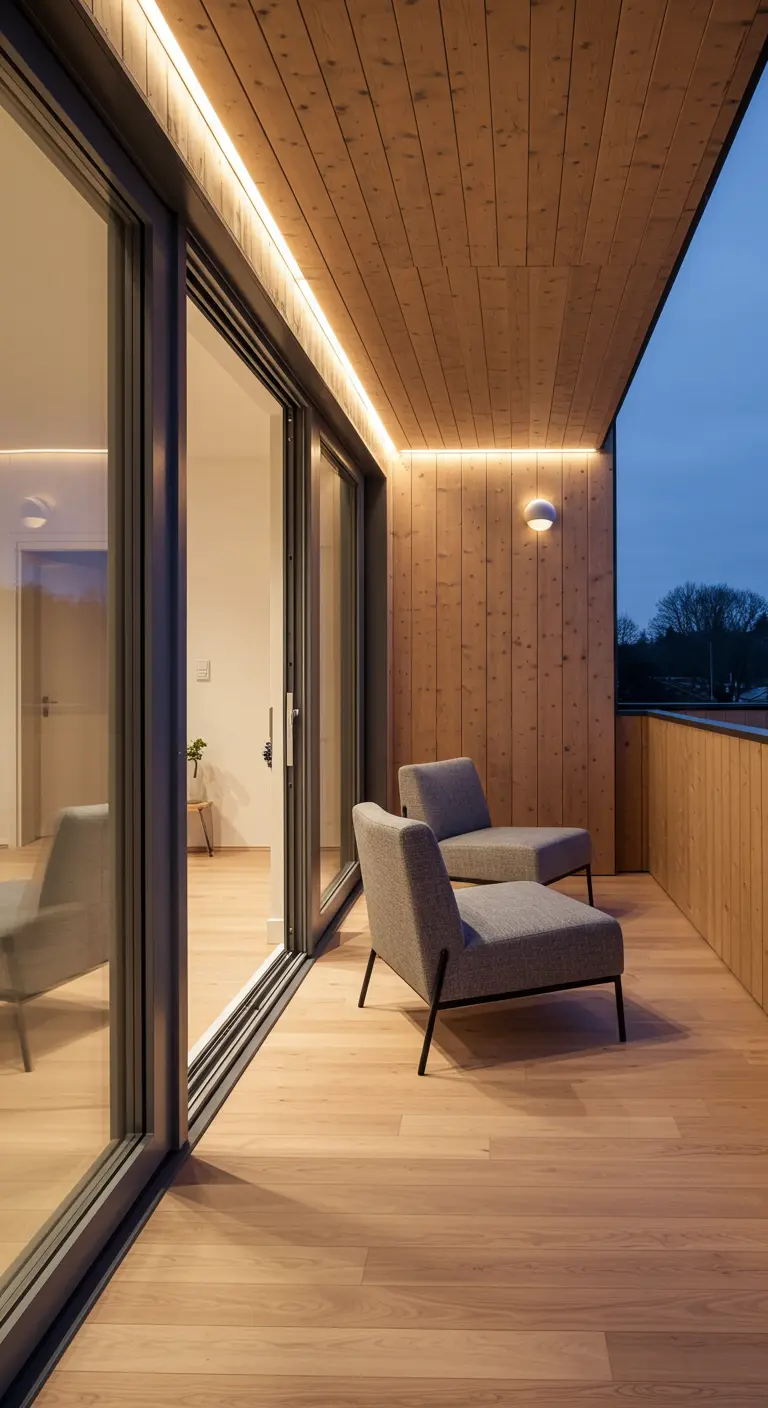 A minimalist wood-paneled balcony with recessed LED strip lighting along the ceiling.