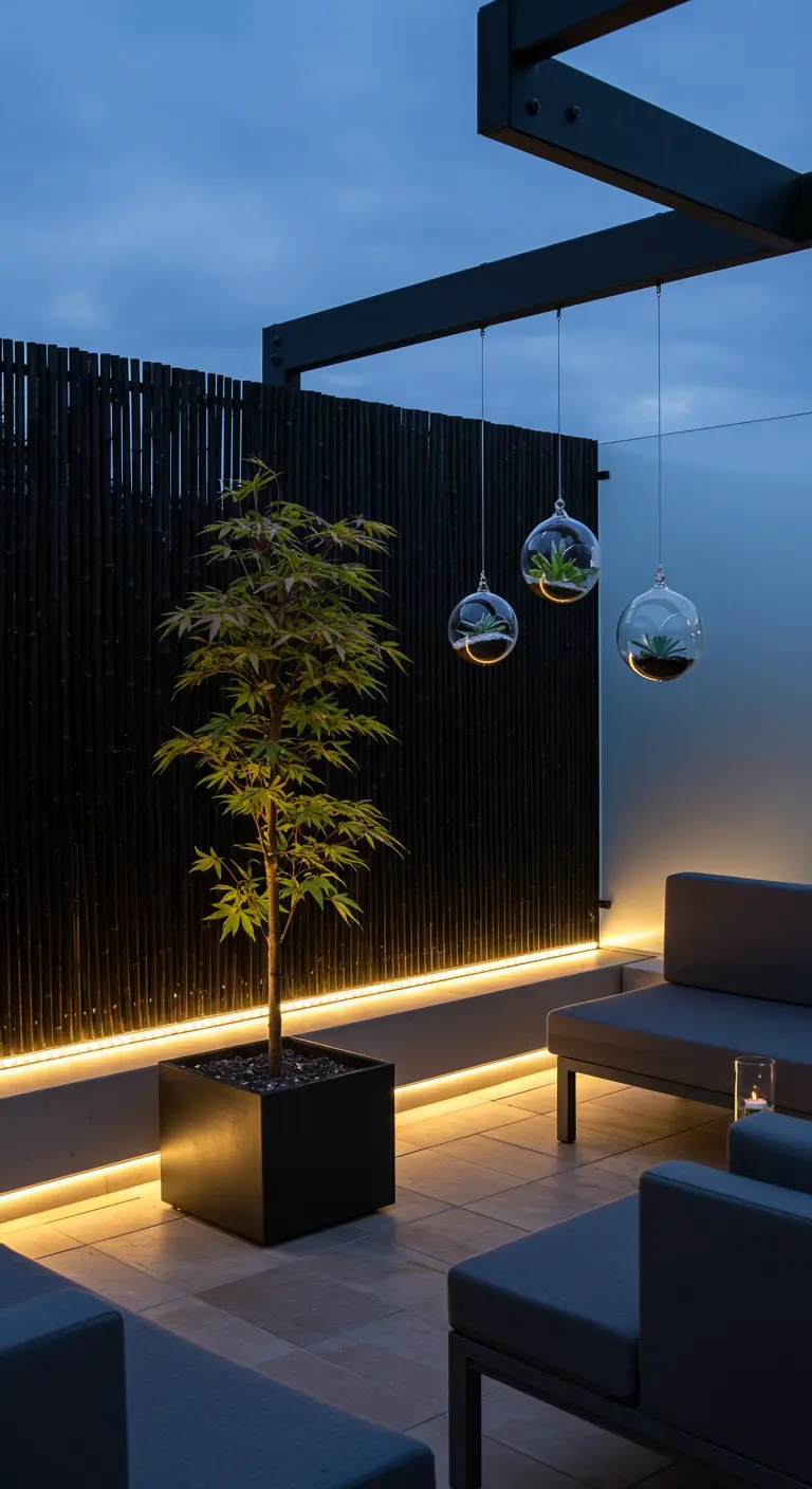 A modern patio with a black bamboo screen underlit with an LED strip, accenting a Japanese maple.