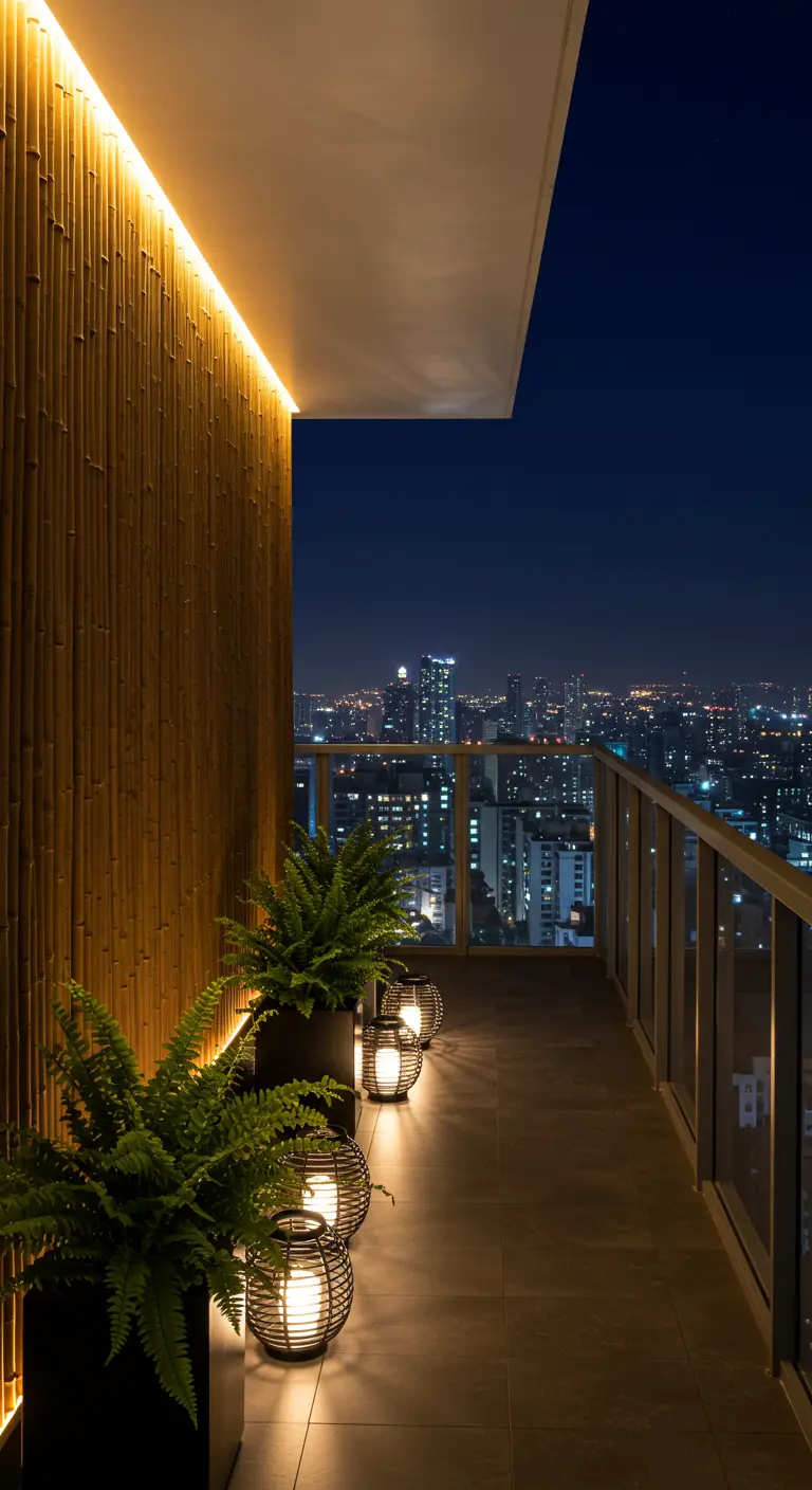 A modern balcony at night with a bamboo wall lit from above by an LED strip.
