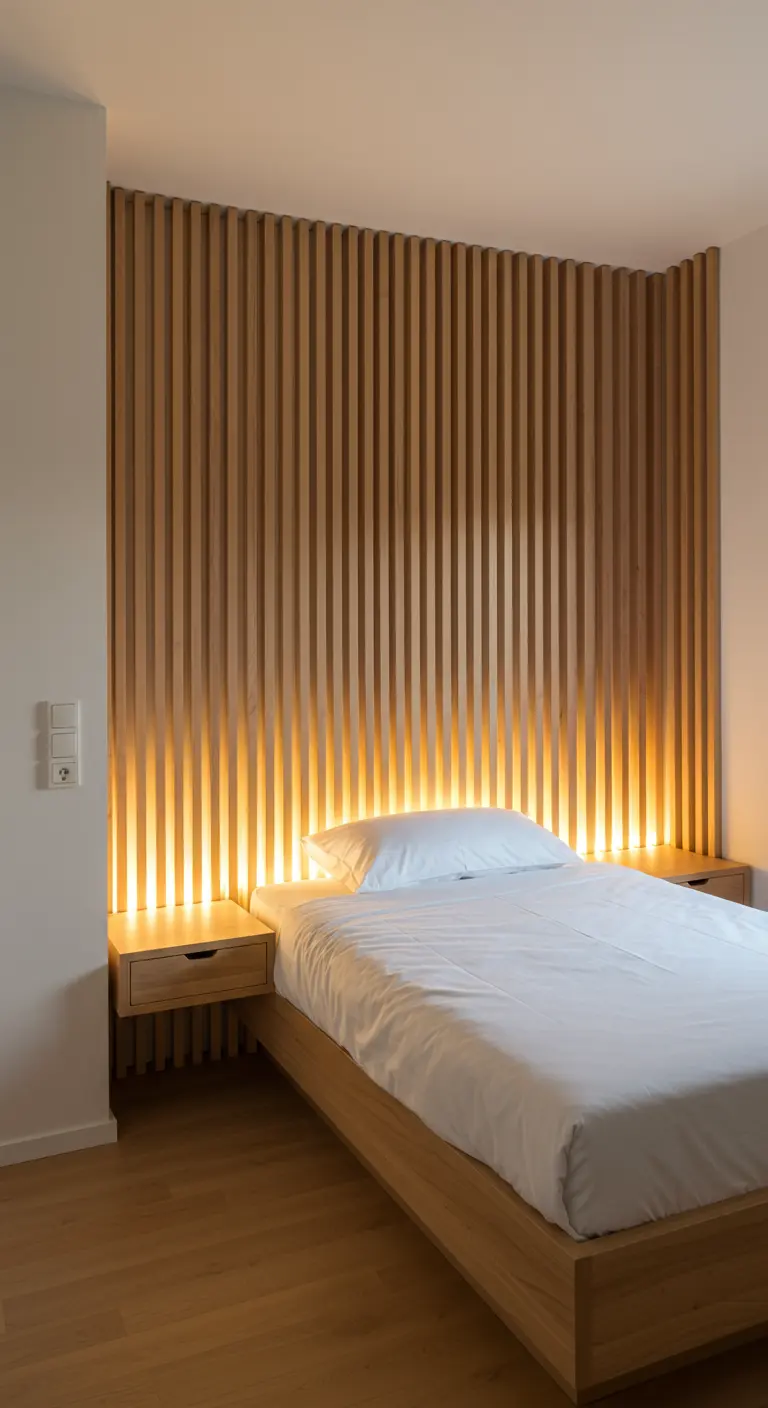 A backlit vertical wood slat wall serves as a headboard with floating nightstands.