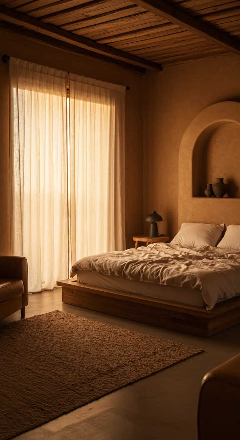 A serene bedroom with an arched niche over the bed, lit by sheer curtains.