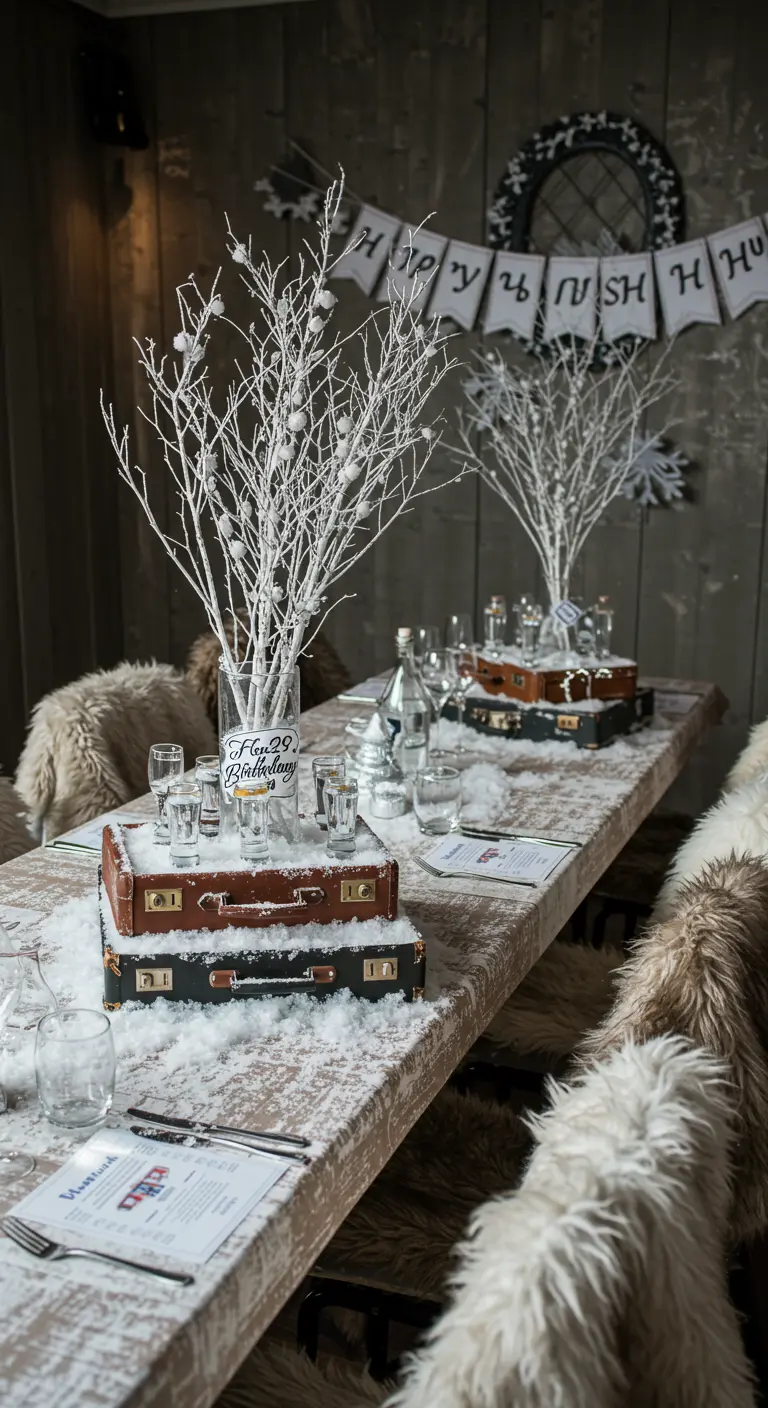 Winter-themed table with stacked suitcases, faux snow, and white branches.