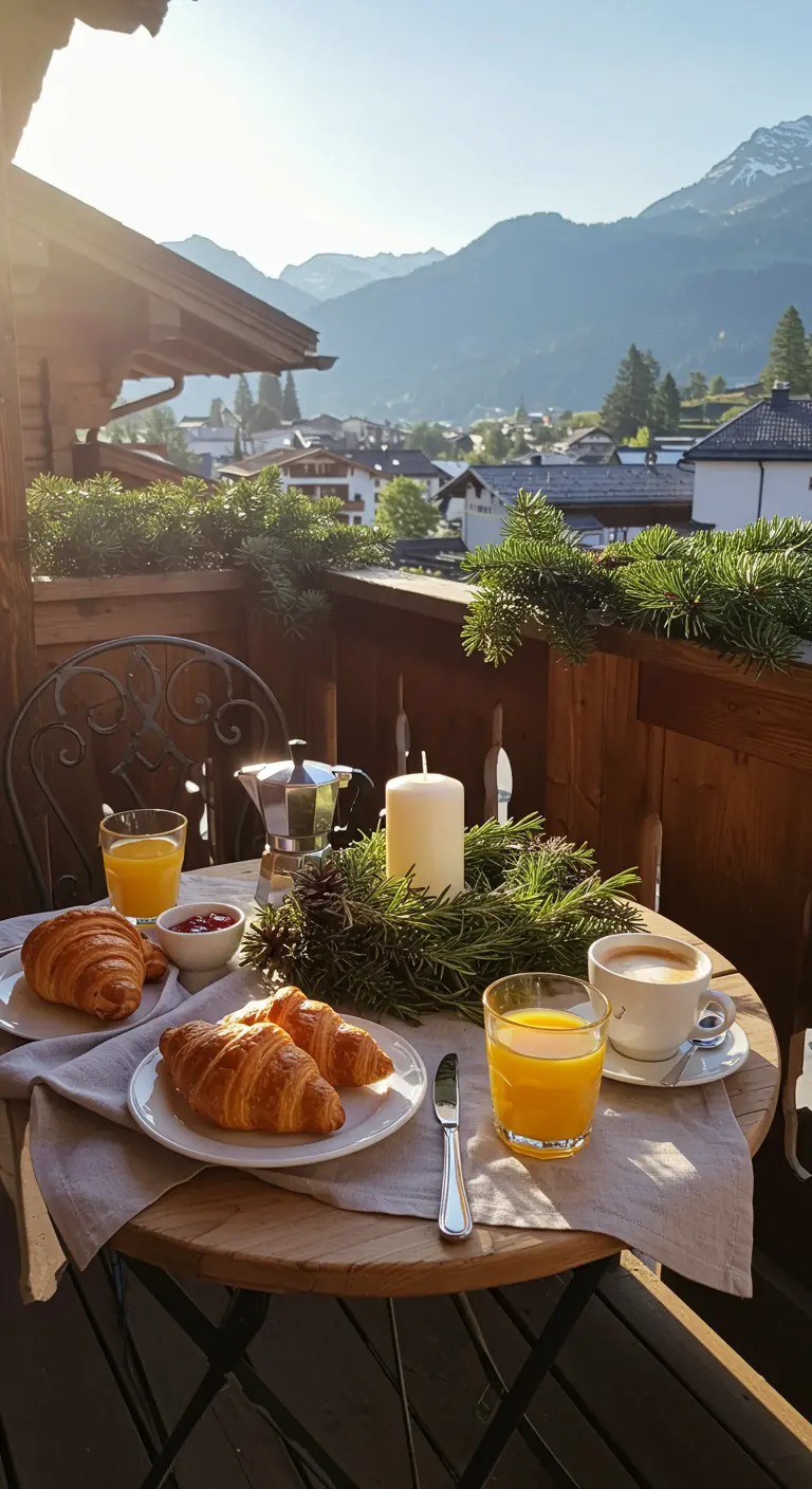 A sunny balcony breakfast table with a fresh rosemary wreath as a centerpiece.