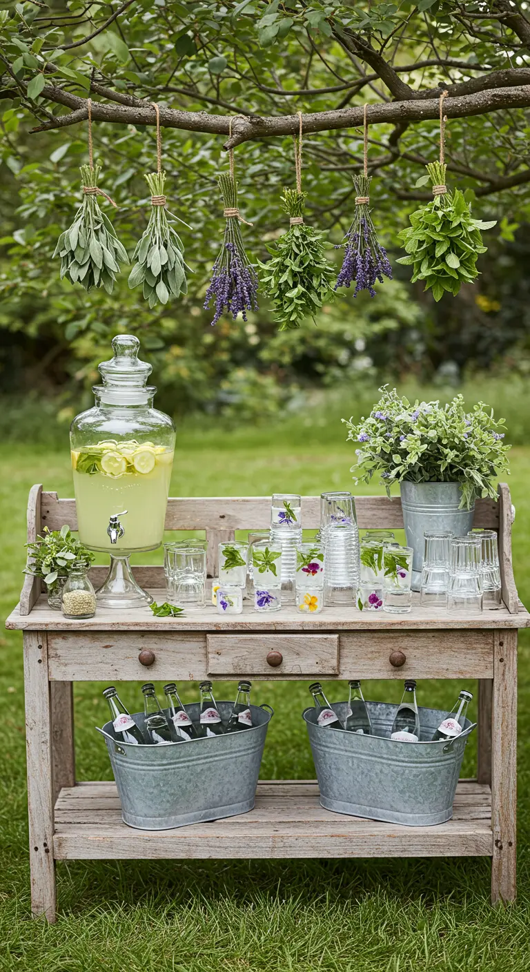 A rustic drink station with lemonade, with bunches of hanging herbs like lavender and sage above it.