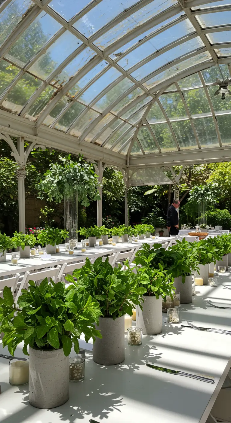 Long white table in a sunny room lined with concrete vases overflowing with fresh mint.