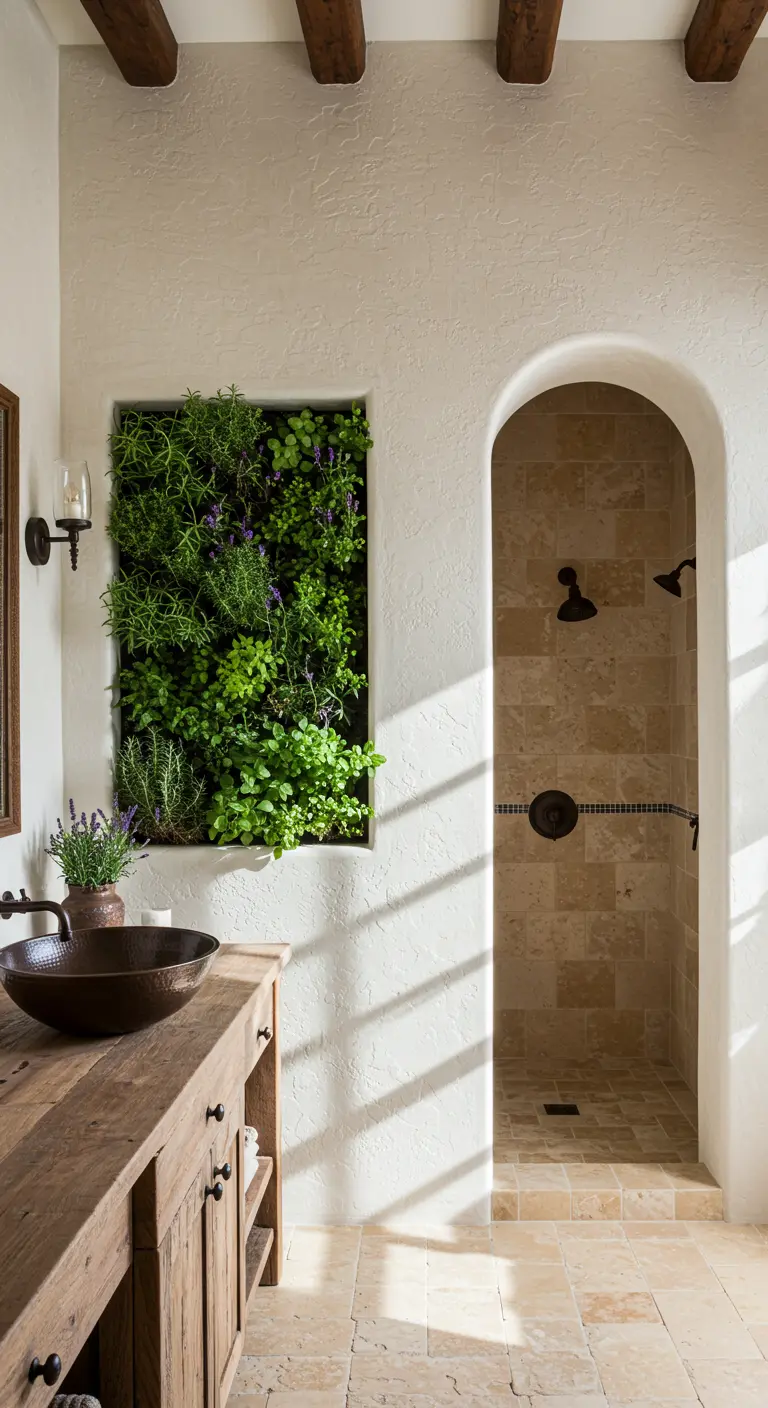 Rustic bathroom with a recessed living wall of herbs next to an arched shower.