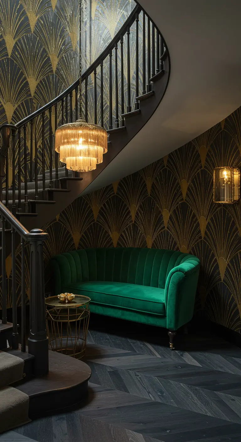 An Art Deco lounge under a curved staircase with a green velvet sofa and gold fan wallpaper.