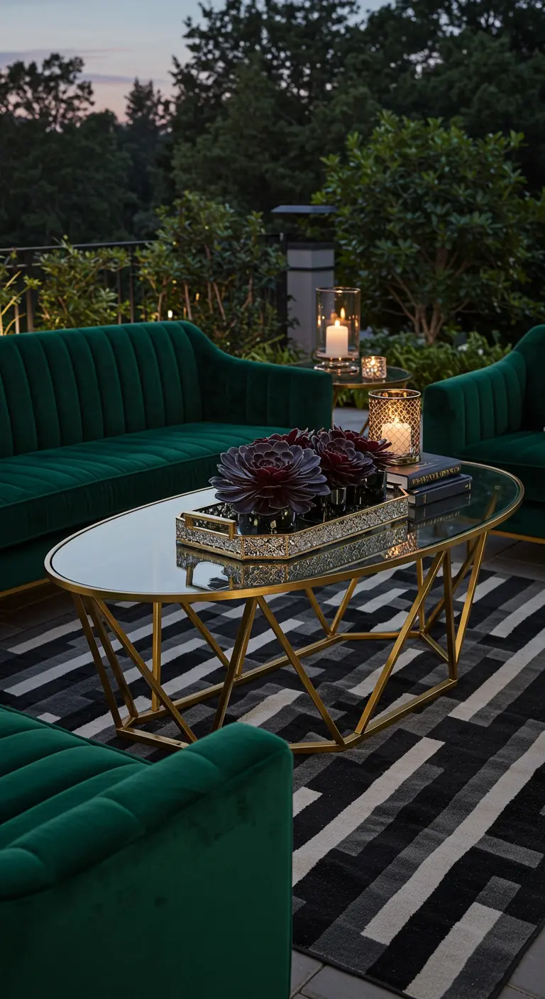 A luxurious patio at dusk with green velvet sofas, a gold table, and dark succulents.