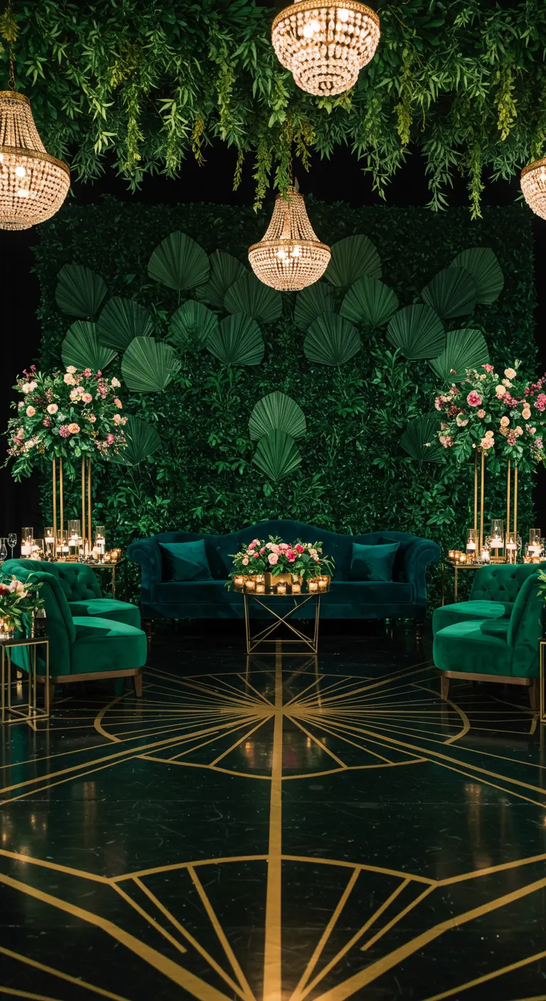 A glamorous Art Deco party with emerald velvet sofas, chandeliers, and a dark green wall.