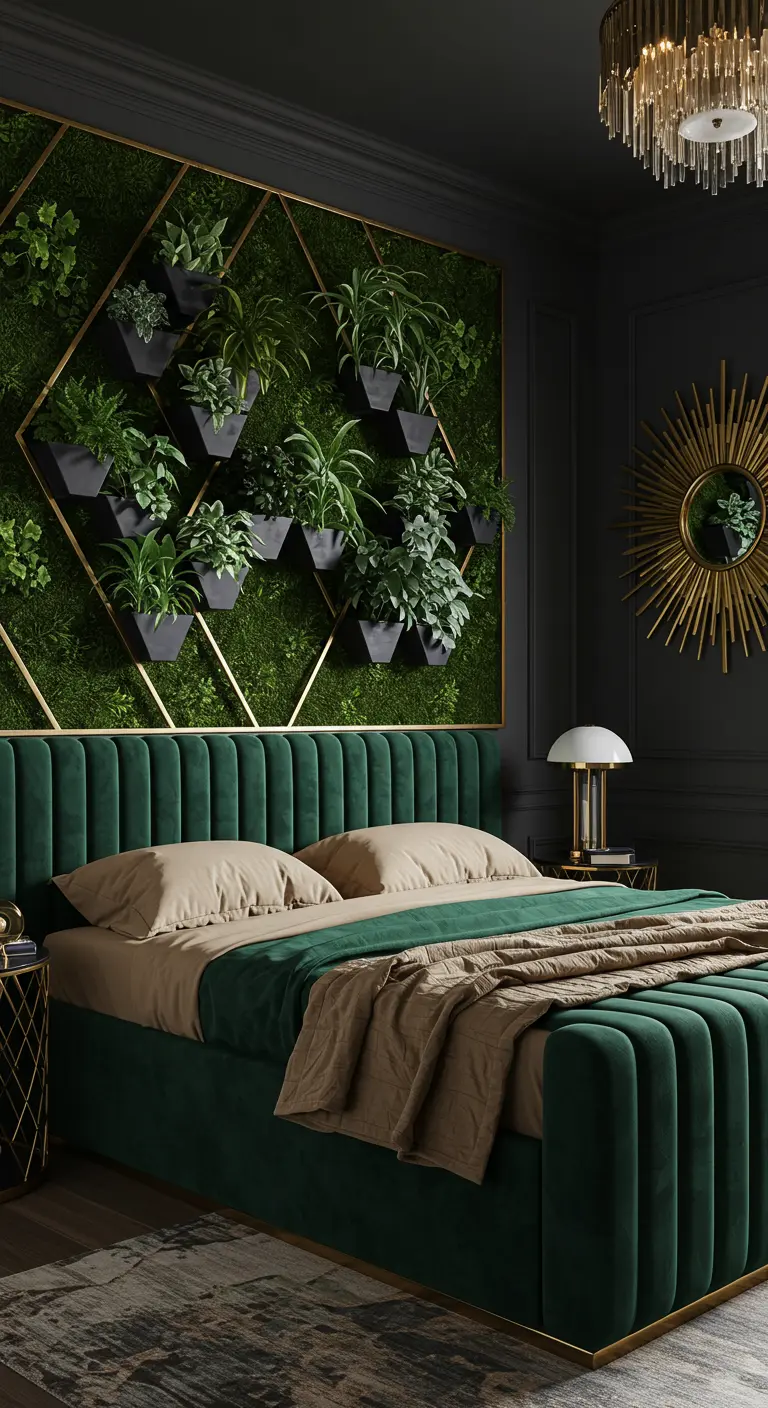 A glamorous bedroom with a geometric brass trellis plant wall and velvet bed.
