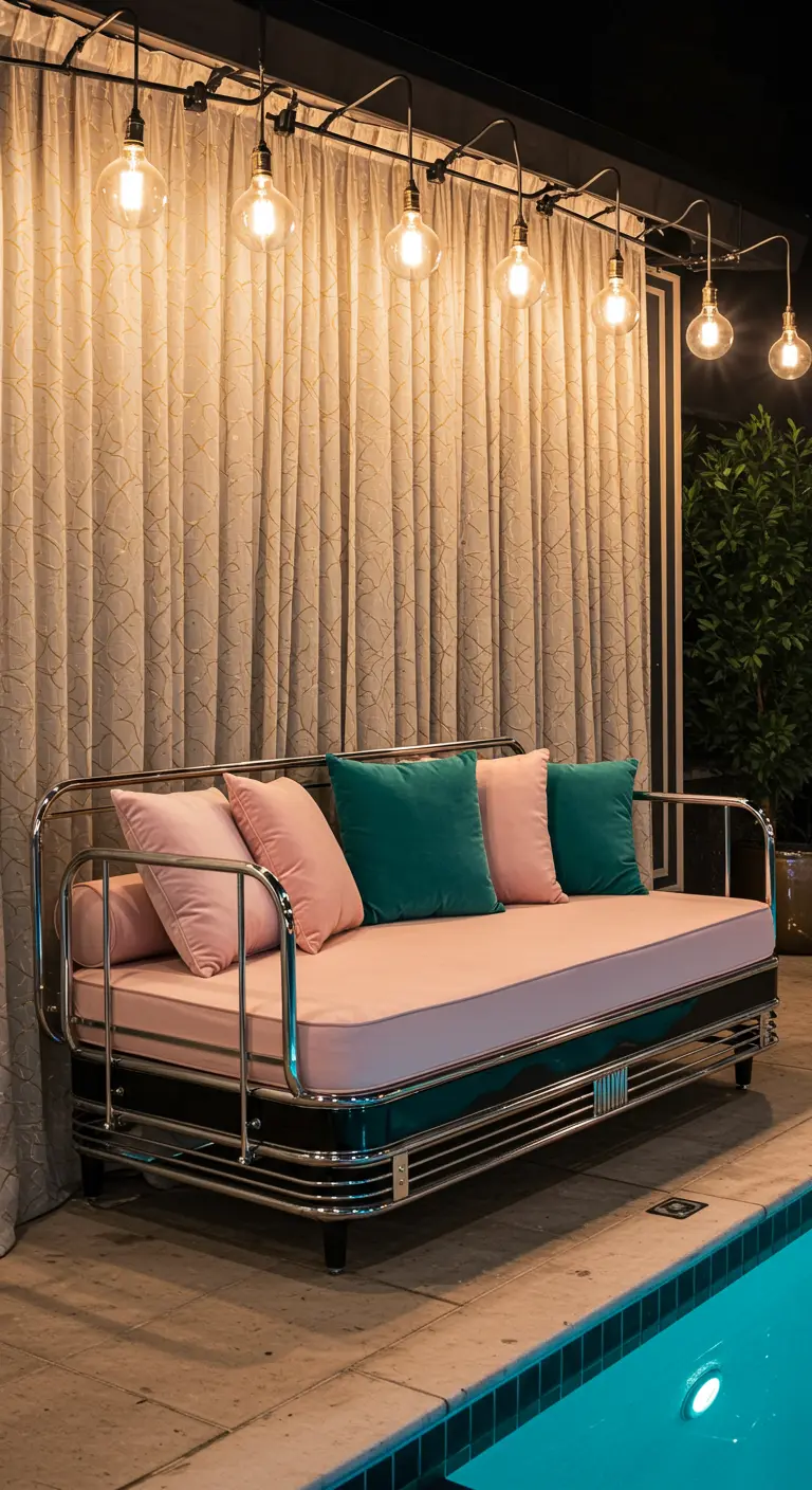 A retro chrome daybed with pink and teal cushions next to a pool at night.