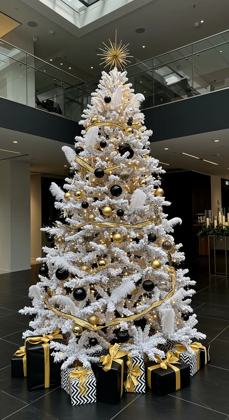 White Christmas tree with black, gold, and white feather ornaments.