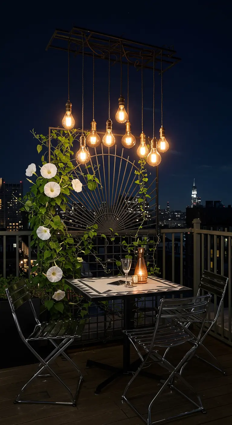 A rooftop nook with an Art Deco-style trellis, hanging bulbs, and climbing morning glories.